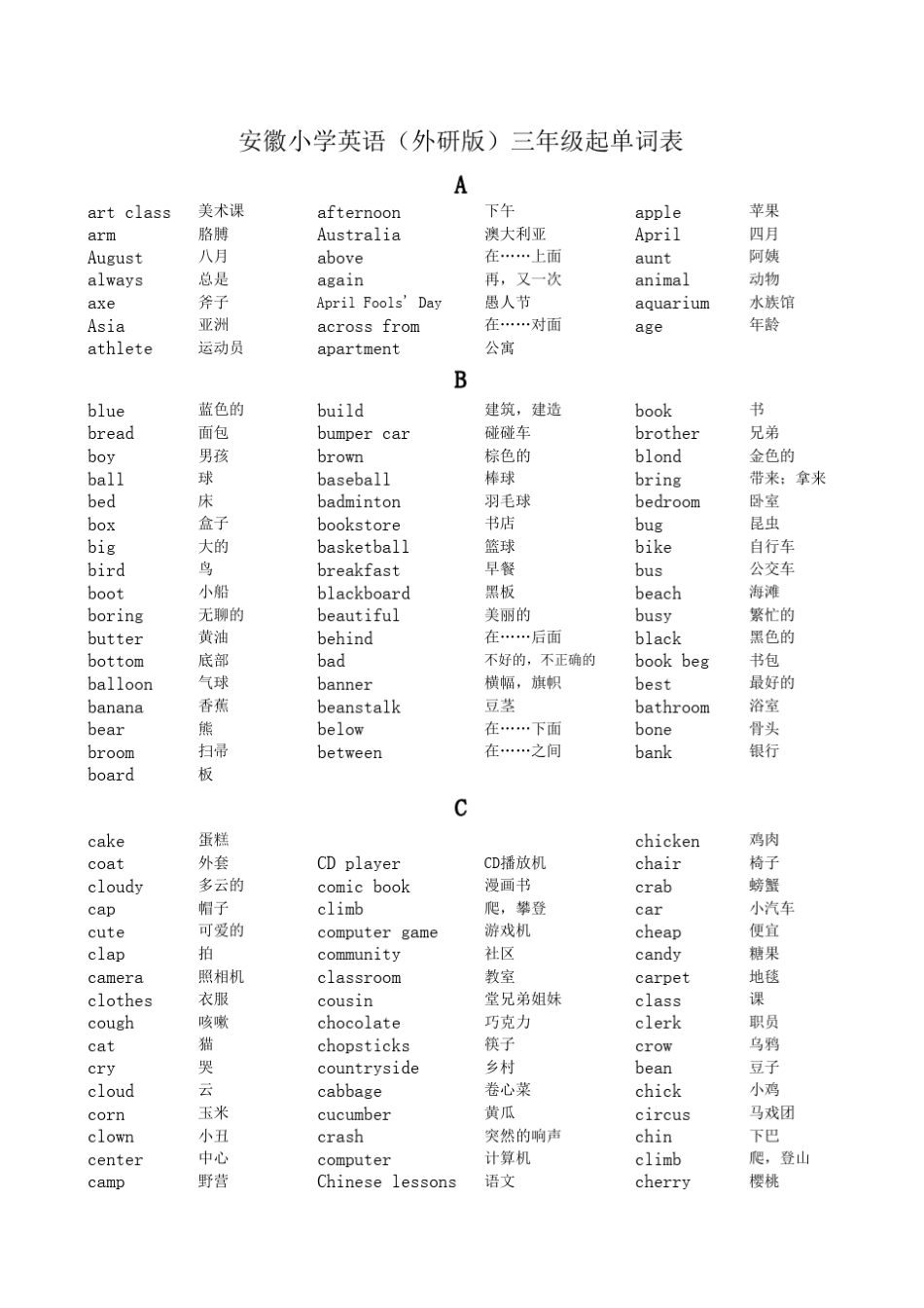 安徽小学英语(外研版)三年级起单词表_第1页