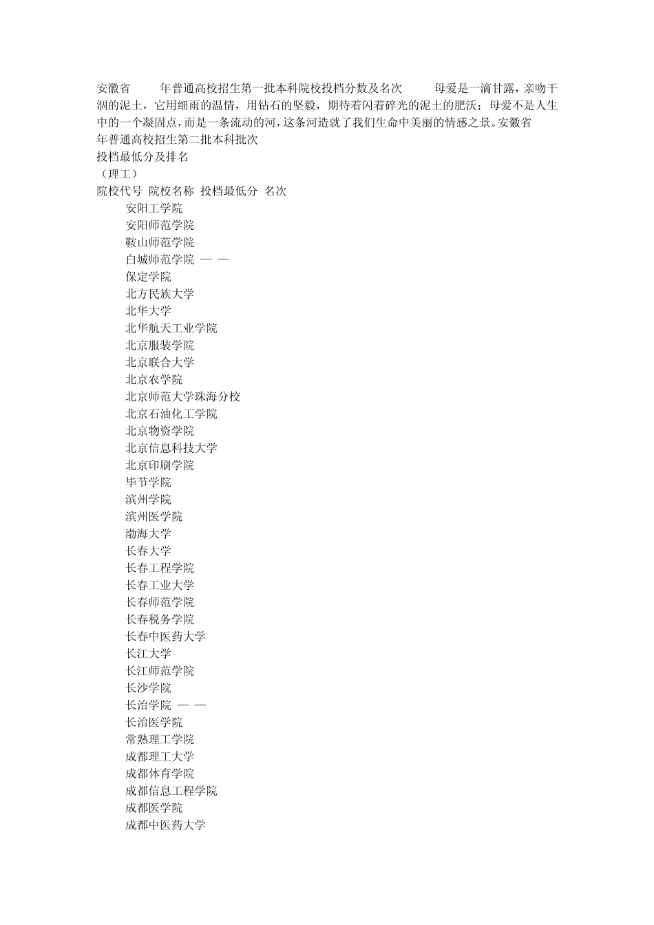 安徽省2008年普通高校招生第一批本科院校投档分数及名次_第1页