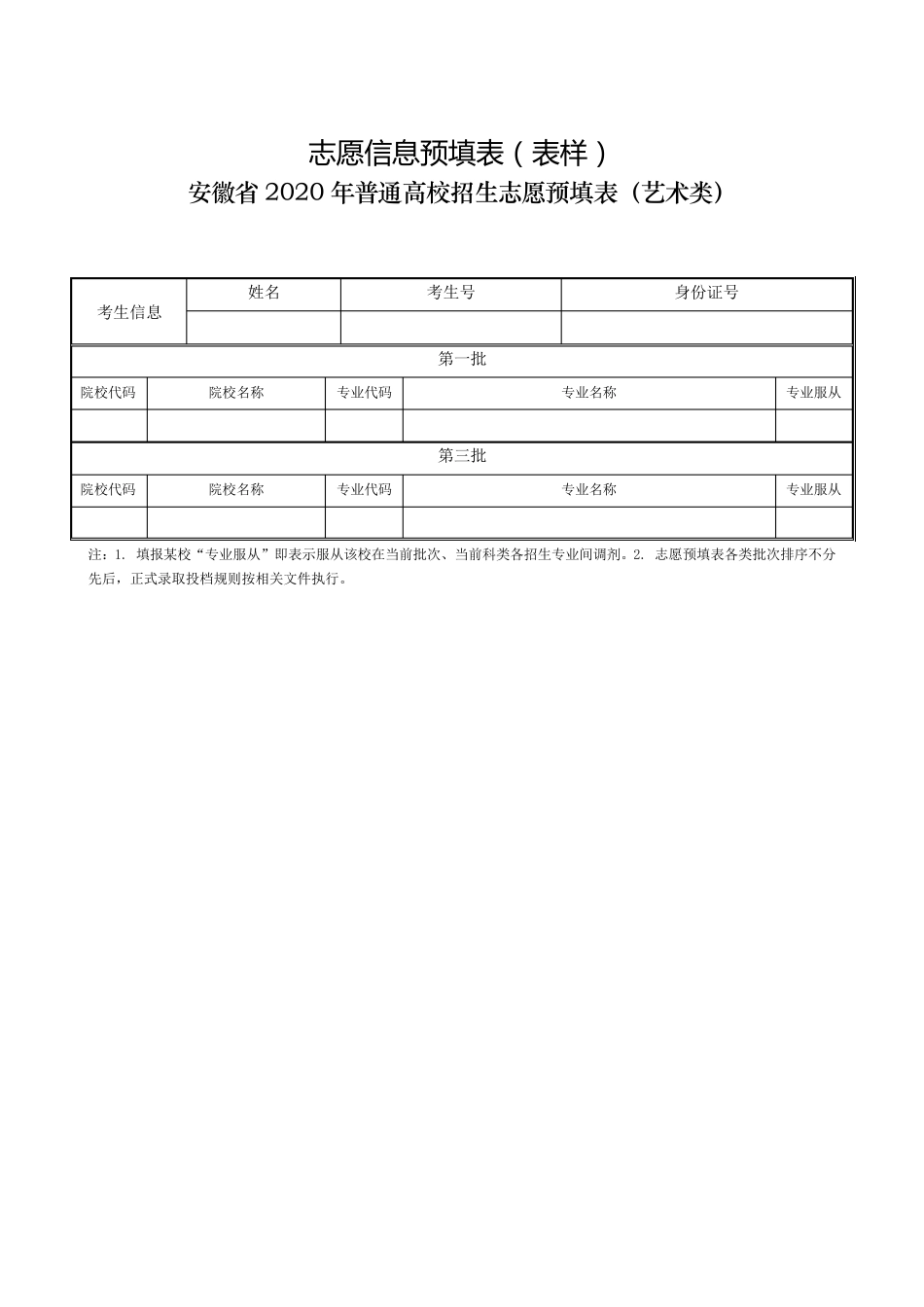 安徽省2020年普通高校招生志愿预填表(艺术类)_第1页