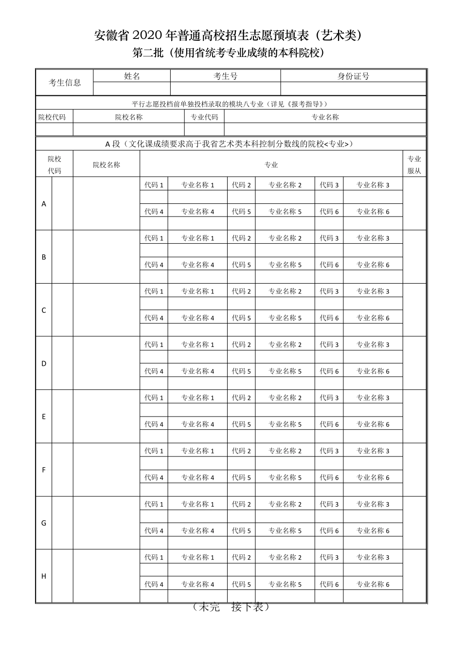 安徽省2020年普通高校招生志愿预填表(艺术类)_第2页