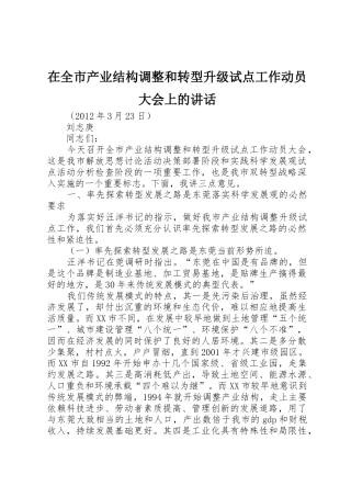 在全市产业结构调整和转型升级试点工作动员大会上的讲话