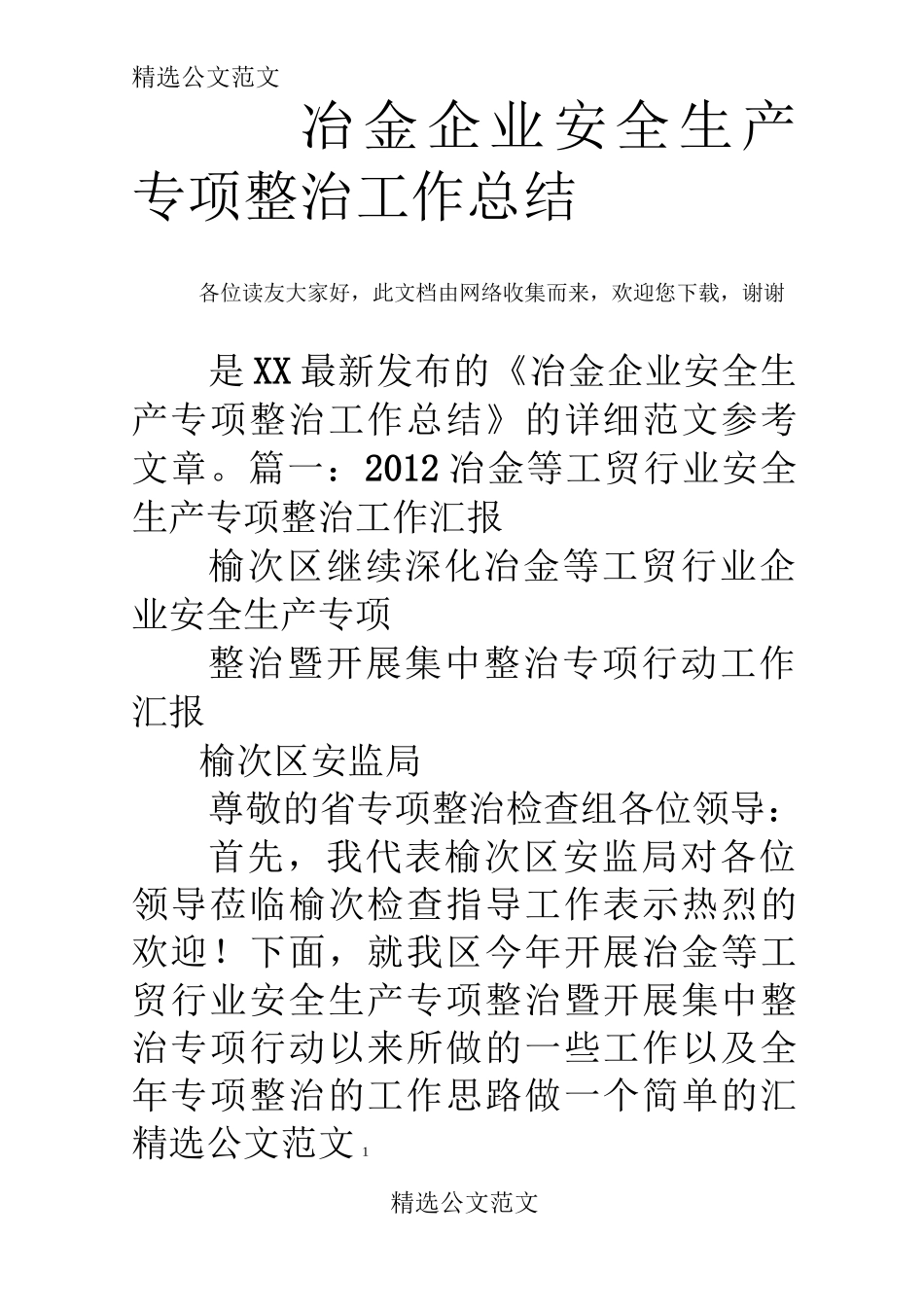 冶金企业安全生产专项整治工作总结_第1页