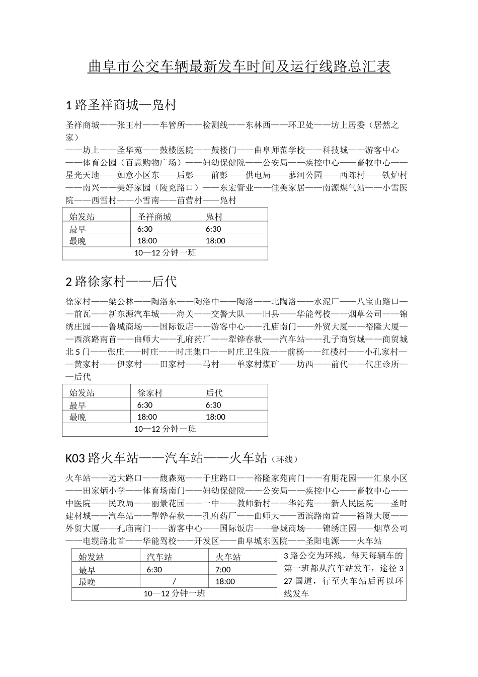 曲阜市公交车辆最新线路及发车时间汇总表_第1页