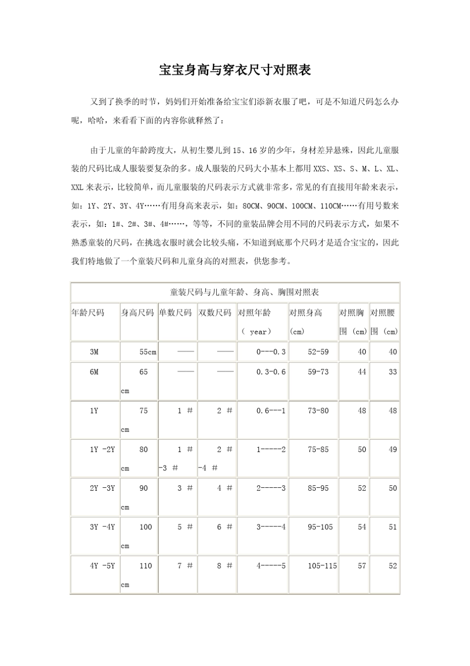 宝宝身高与穿衣尺寸对照表_第1页