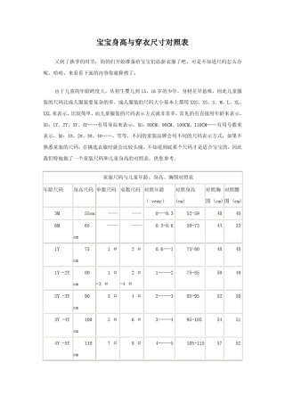 宝宝身高与穿衣尺寸对照表