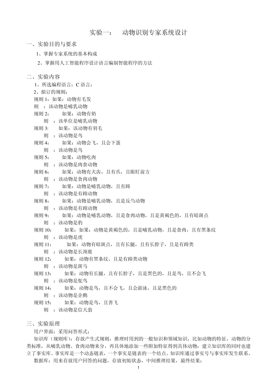 实验一：动物识别专家系统设计_第1页