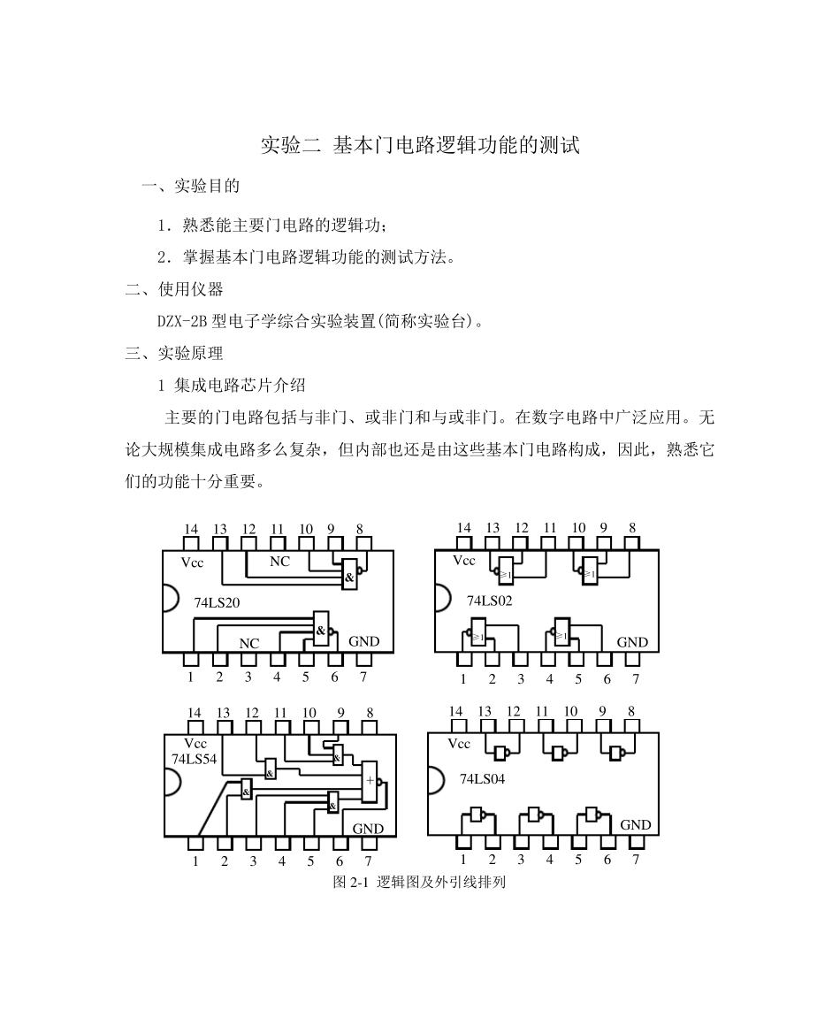 实验二基本门电路逻辑功能的测试_第1页