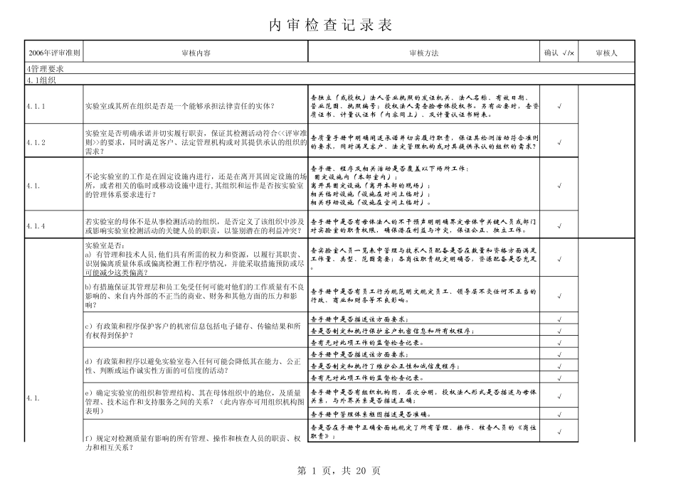 实验室内审检查记录表_第1页
