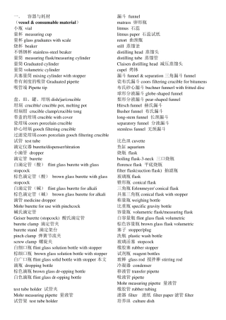 实验室常见仪器、操作、试剂英文名称