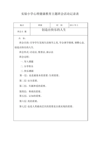 实验小学心理健康主题班会活动记录表