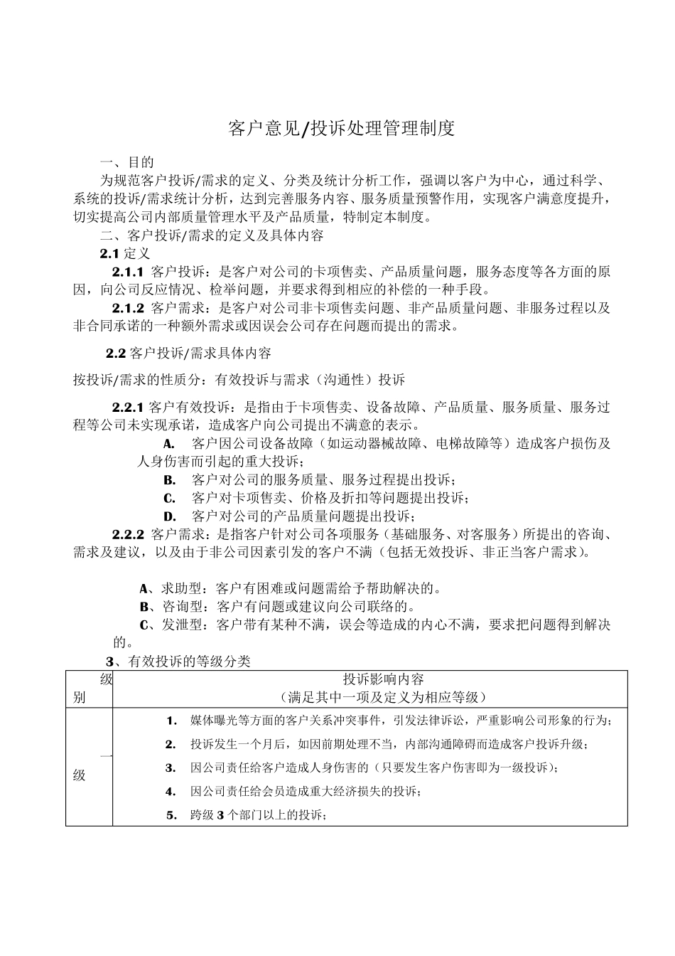 客户投诉处理管理制度(包含流程及客户投诉表)_第1页