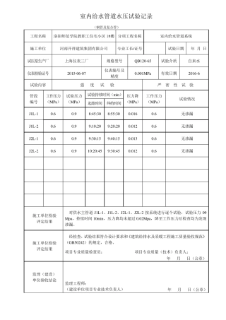 室内给水管道水压试验记录