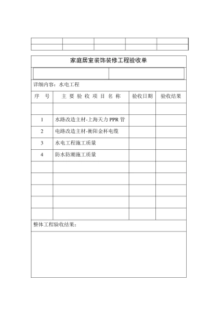 家庭居室装饰装修工程验收单