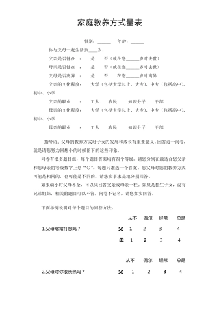 家庭教养方式量表(EMBU)及评分标准