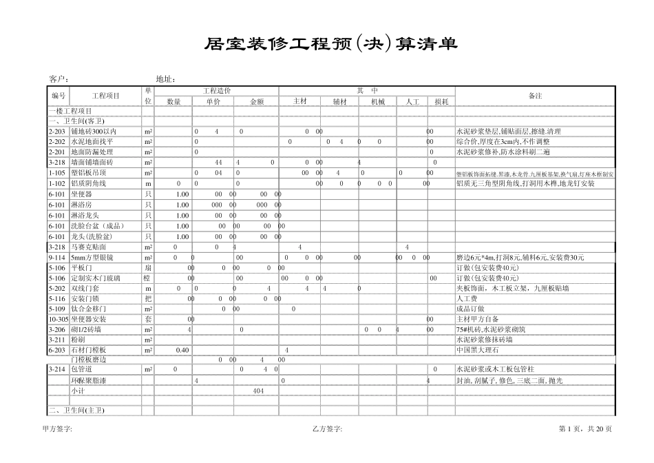 家庭装修明细表(预算清单)_第1页