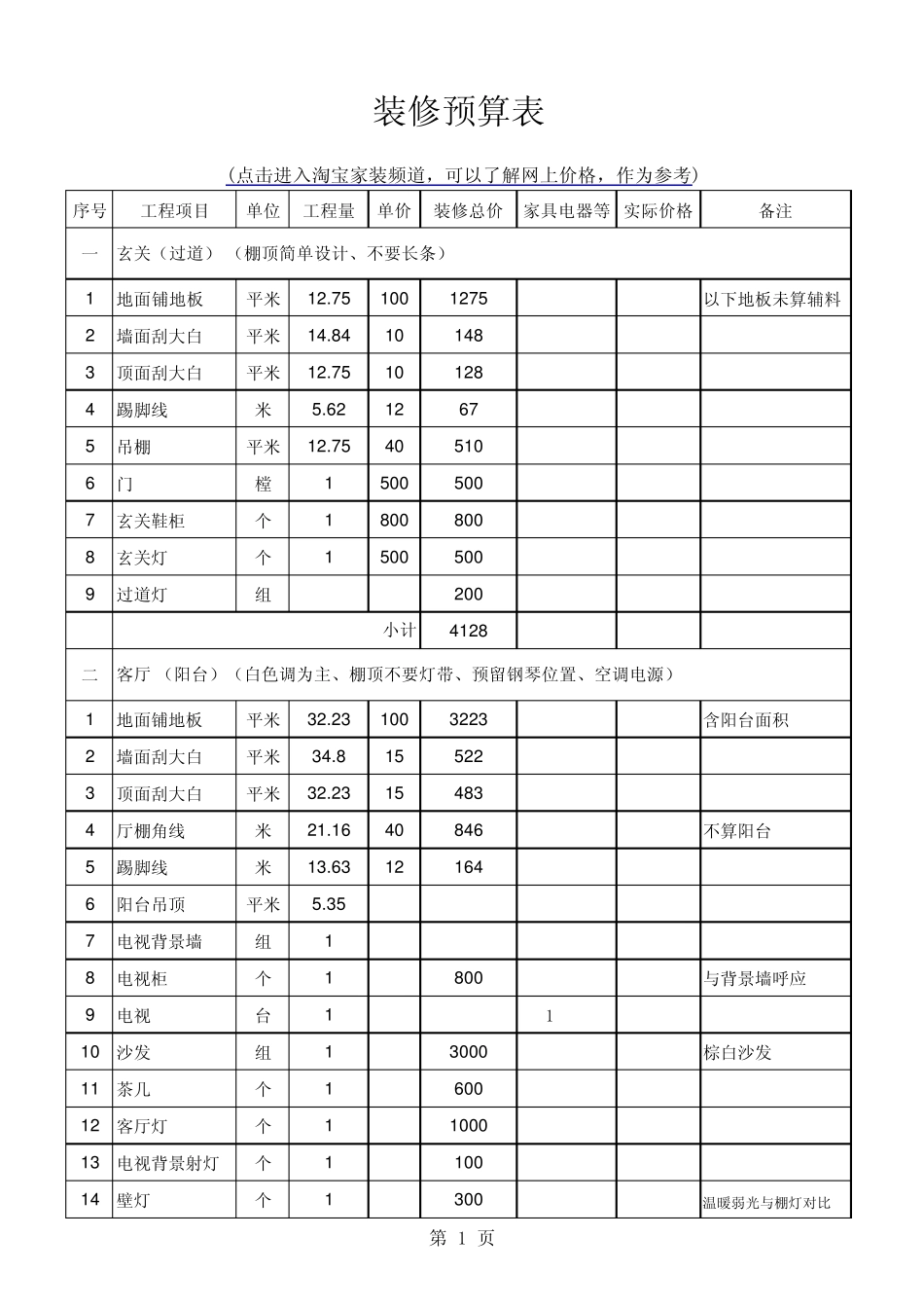 家庭装修预算表_第1页