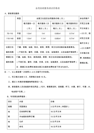 家政服务清洁价格表