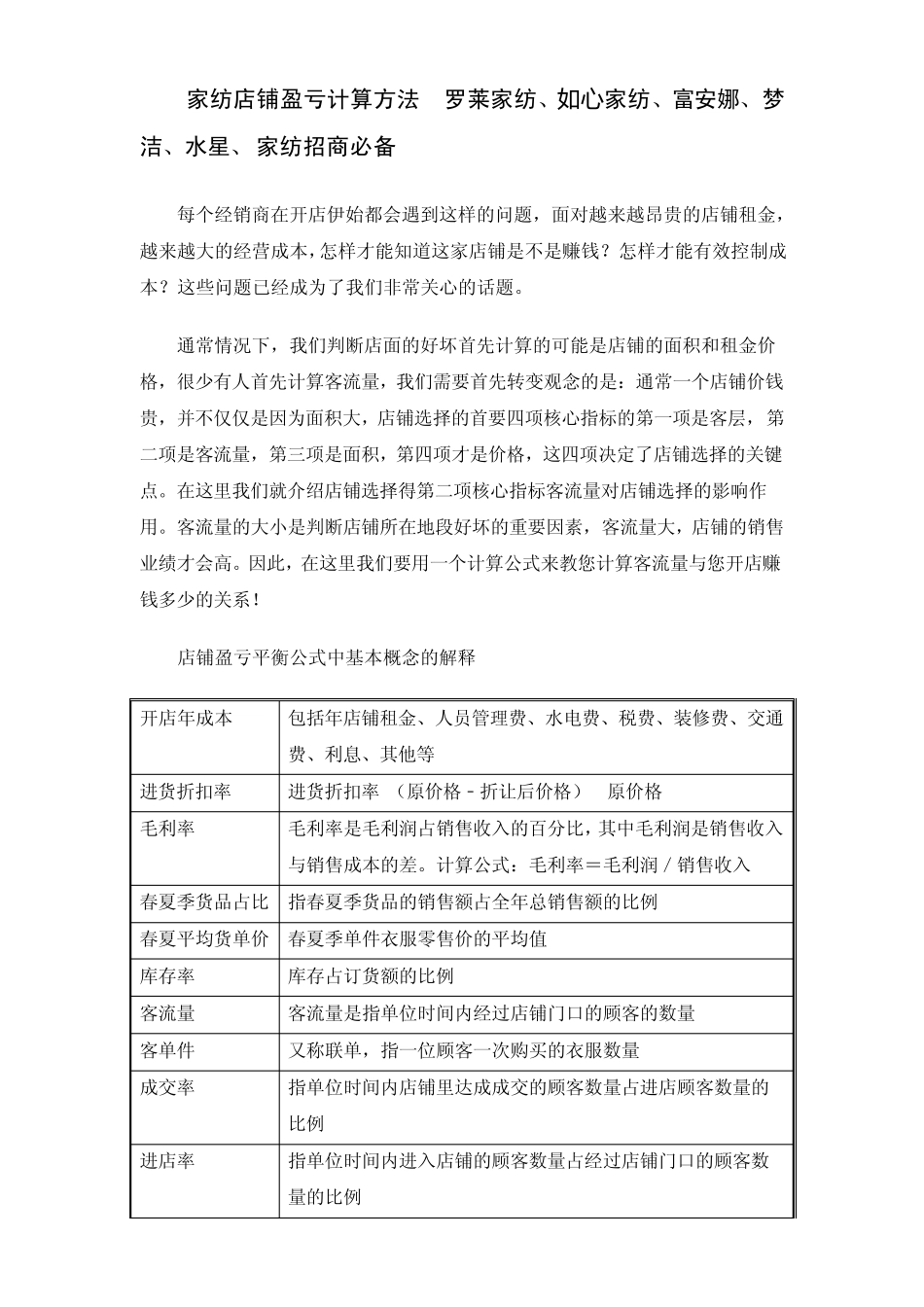 家纺店铺盈亏计算方法罗莱家纺、如心家纺、富安娜、梦洁、水星、家纺招商必备_第1页