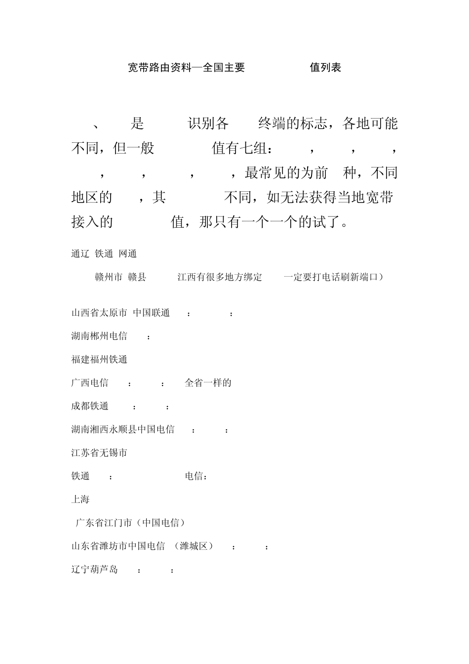 宽带路由资料(全国主要VPIVCIamp;DNS值列表)_第1页