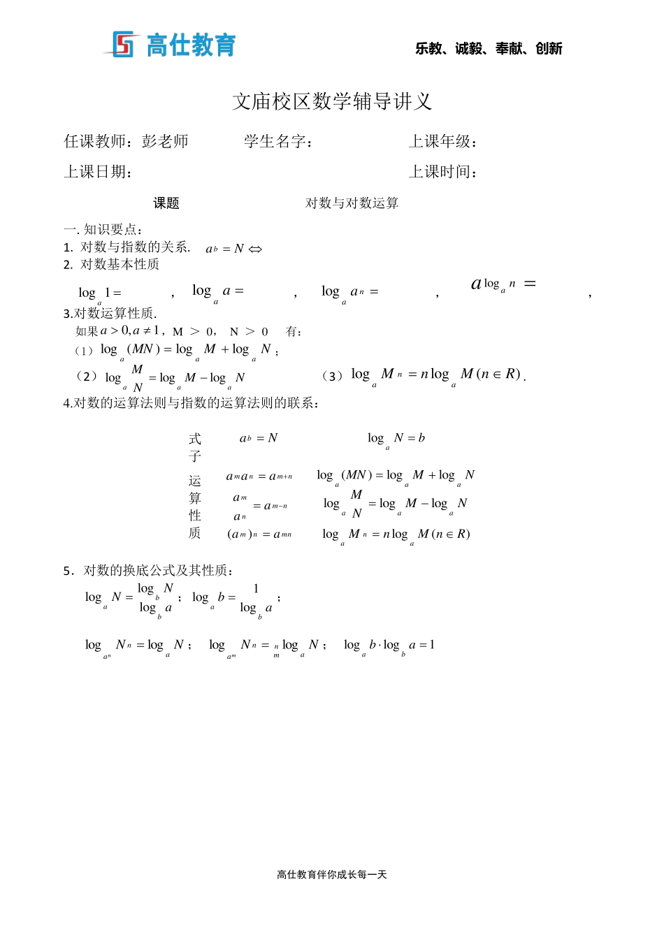 对数与对数的运算习题(老师)_第1页