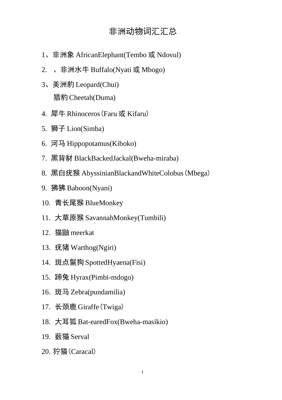 东非非洲动物和植物词汇中英文汇总_第1页