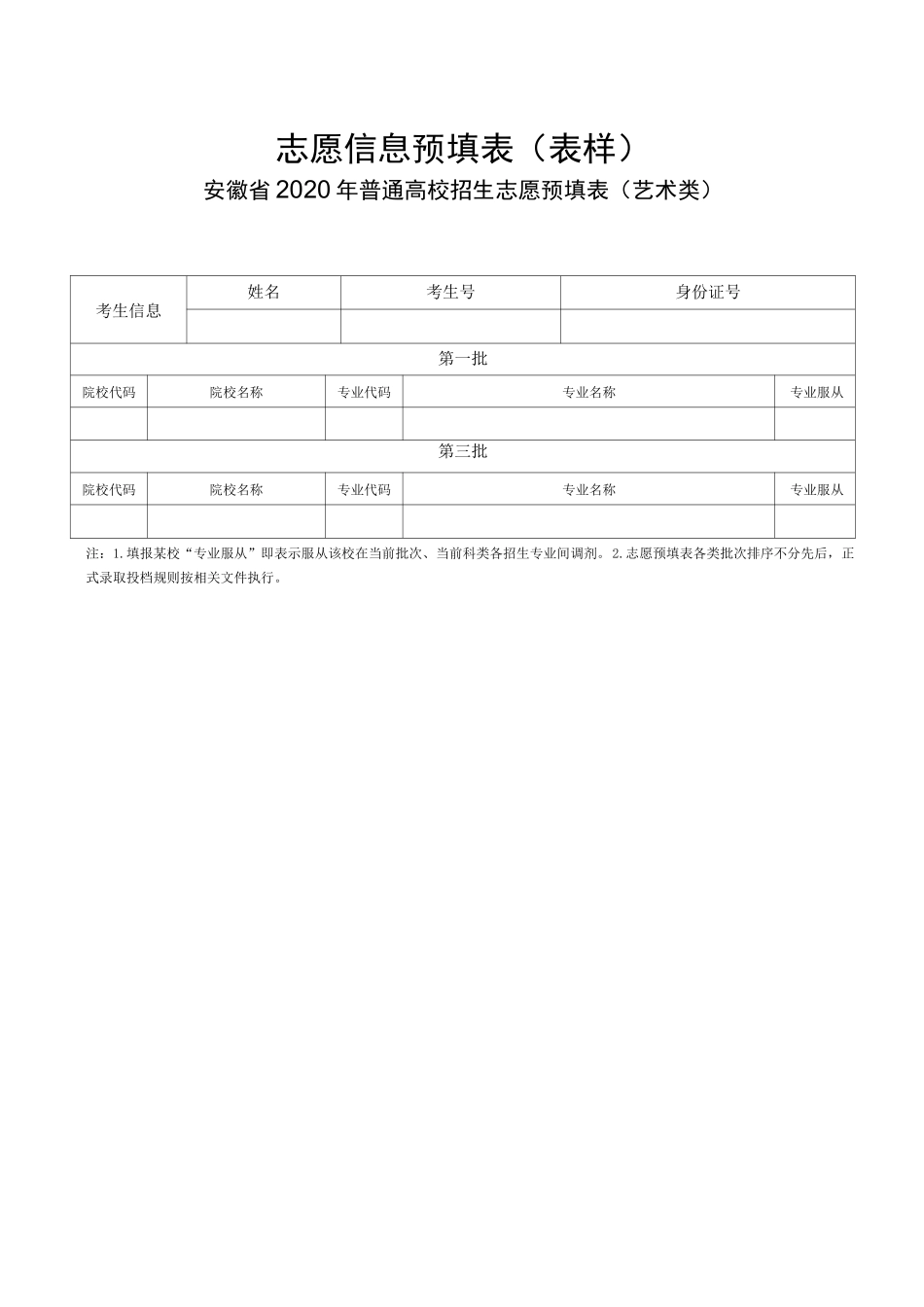 安徽省2020年普通高校招生志愿预填表(艺术类)_第1页