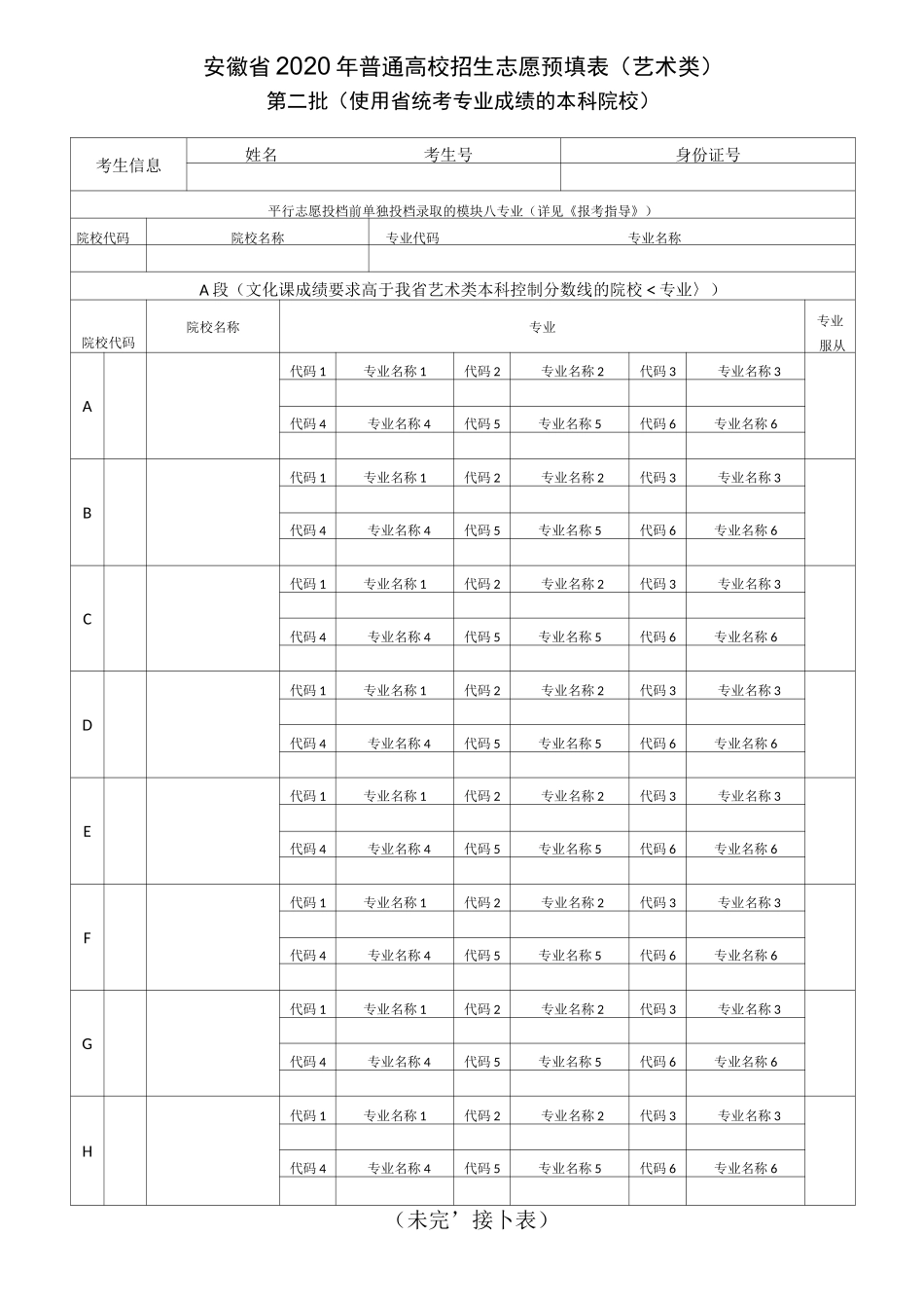 安徽省2020年普通高校招生志愿预填表(艺术类)_第2页