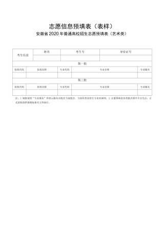 安徽省2020年普通高校招生志愿预填表(艺术类)