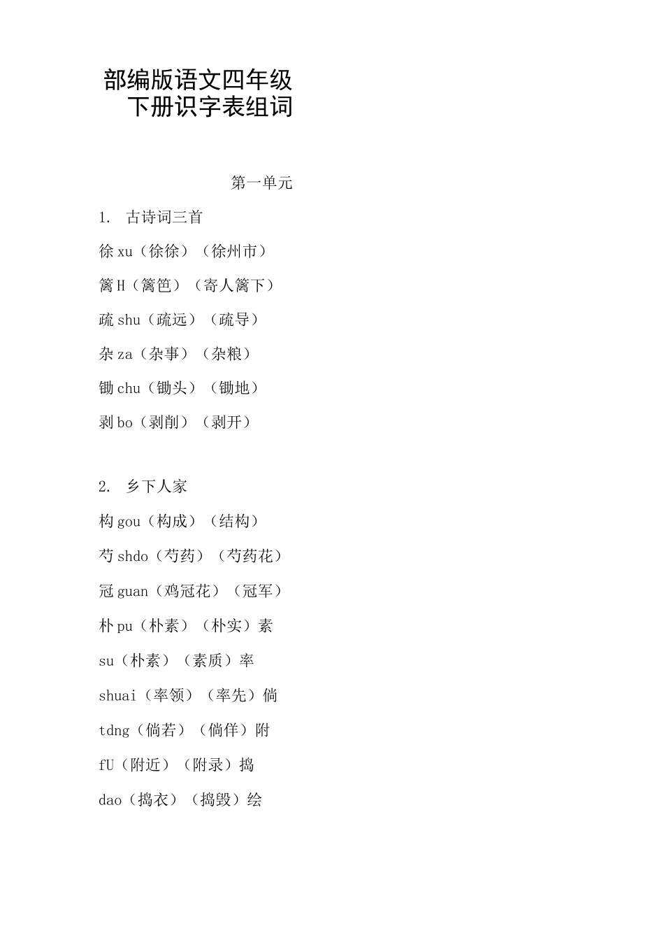 (完整版)部编版语文四年级下册识字表组词_第1页