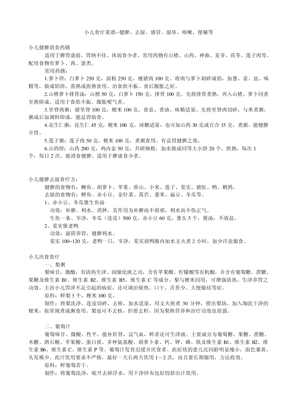 小儿食疗菜谱健脾、去湿、感冒、湿疹、咳嗽、便秘等_第1页