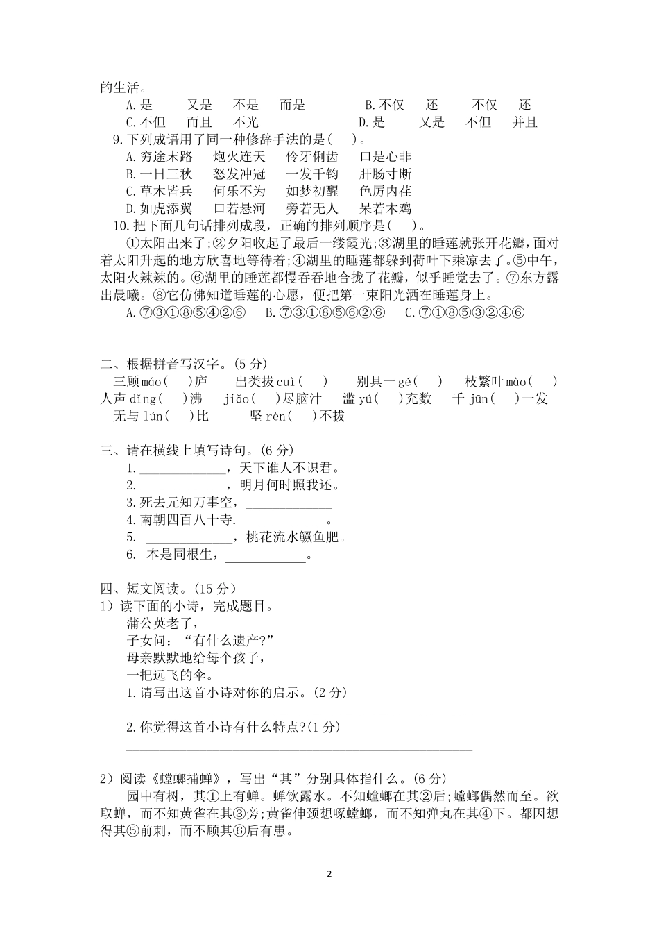 小升初模拟试卷语文_第2页