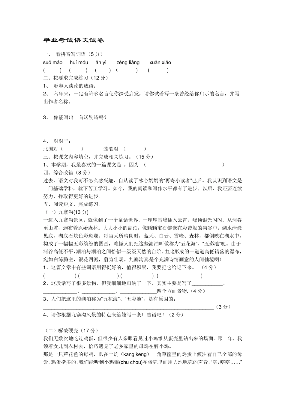 小升初考试语文试卷_第1页