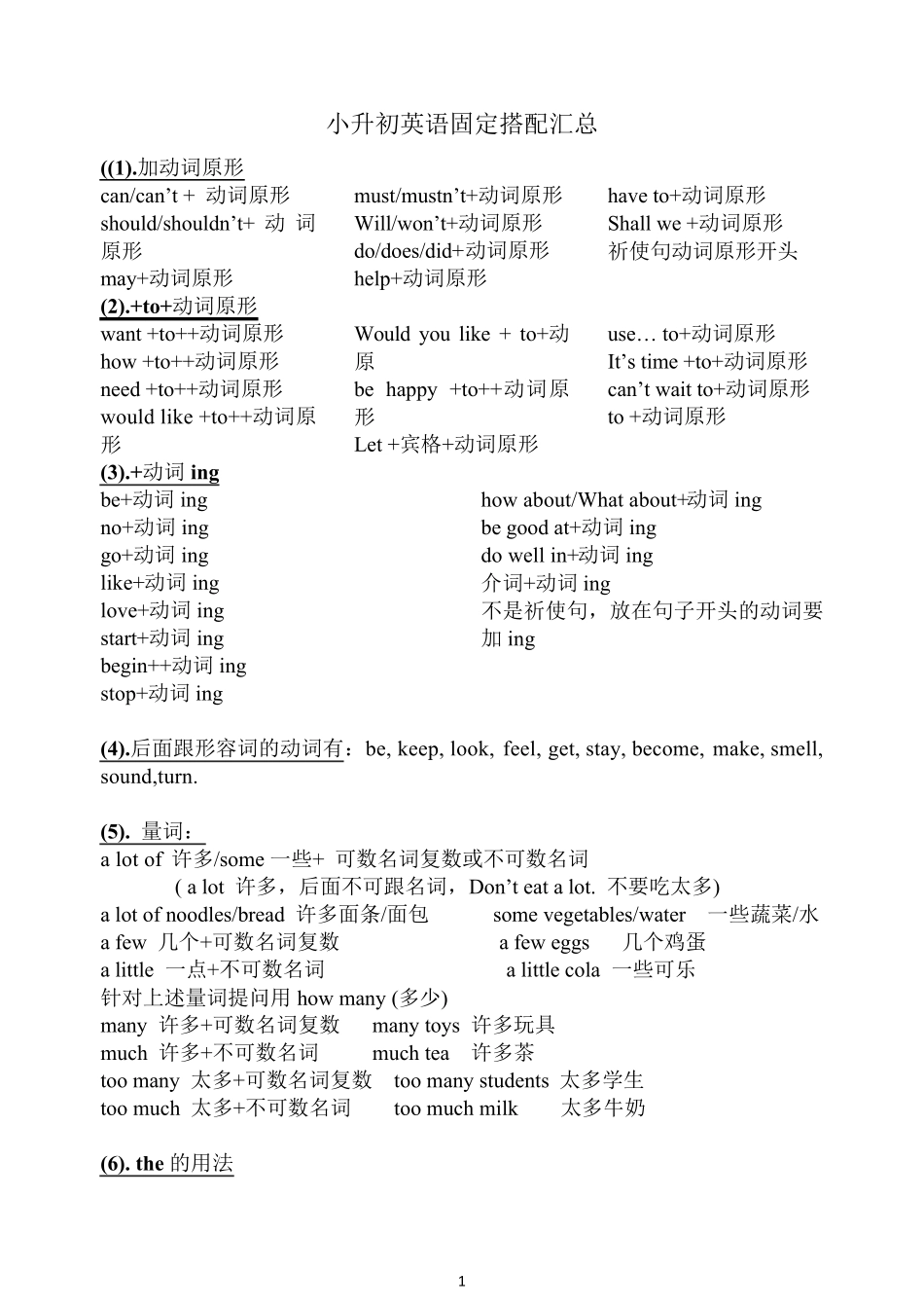 小升初英语常考固定搭配汇总_第1页