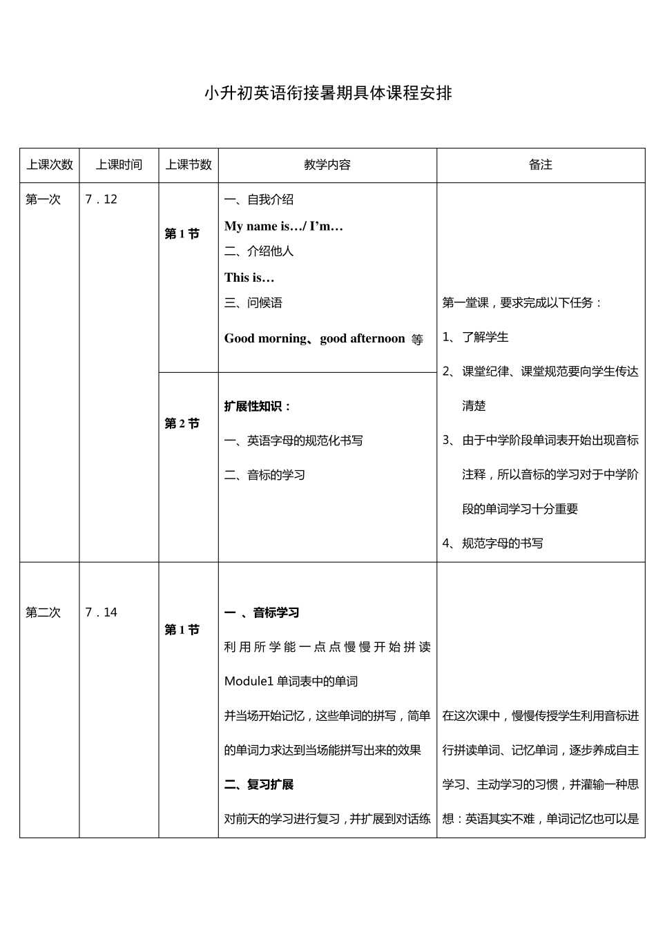小升初英语暑期教学安排_第1页