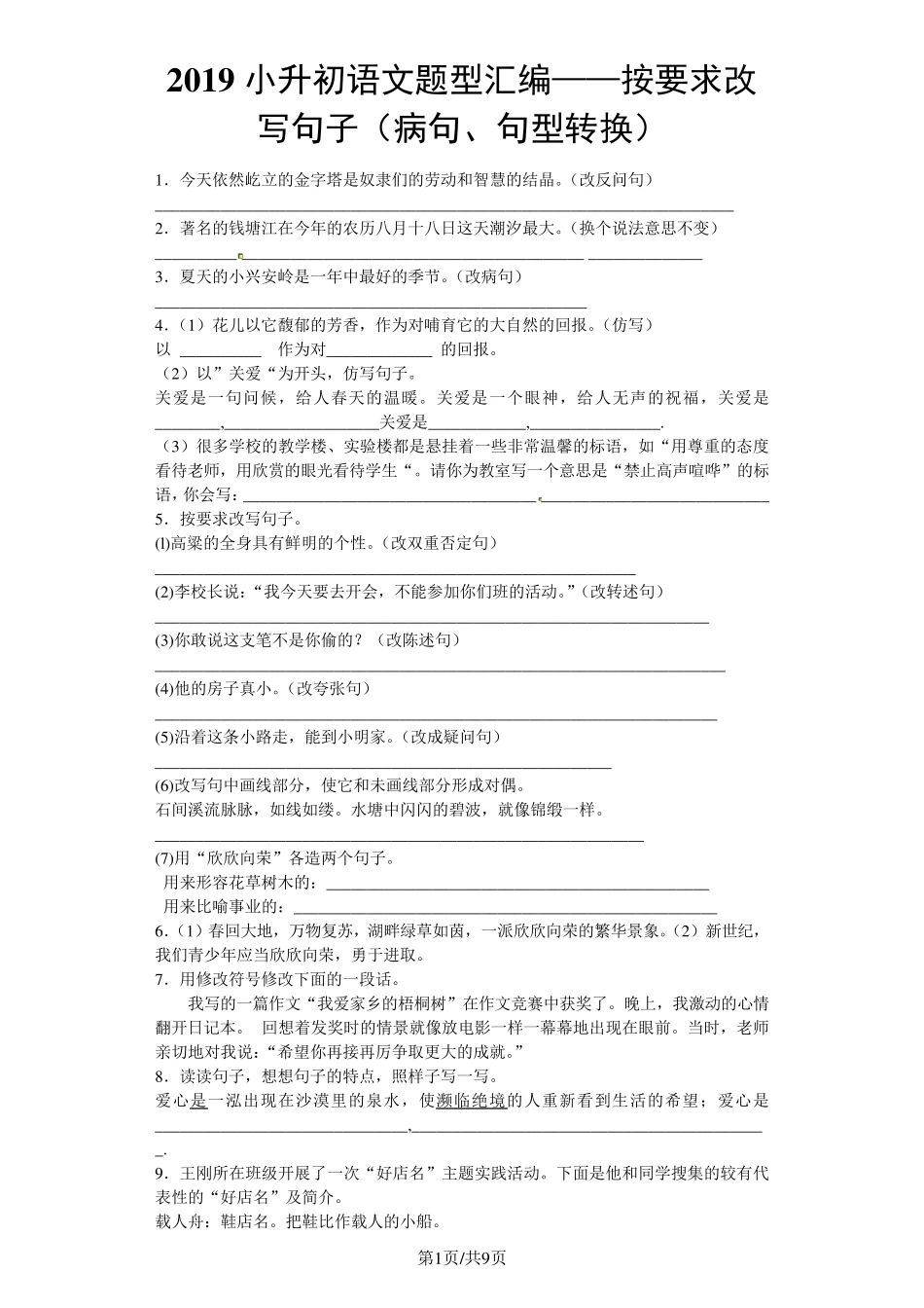 小升初语文专项练习改写句子_通用版_第1页