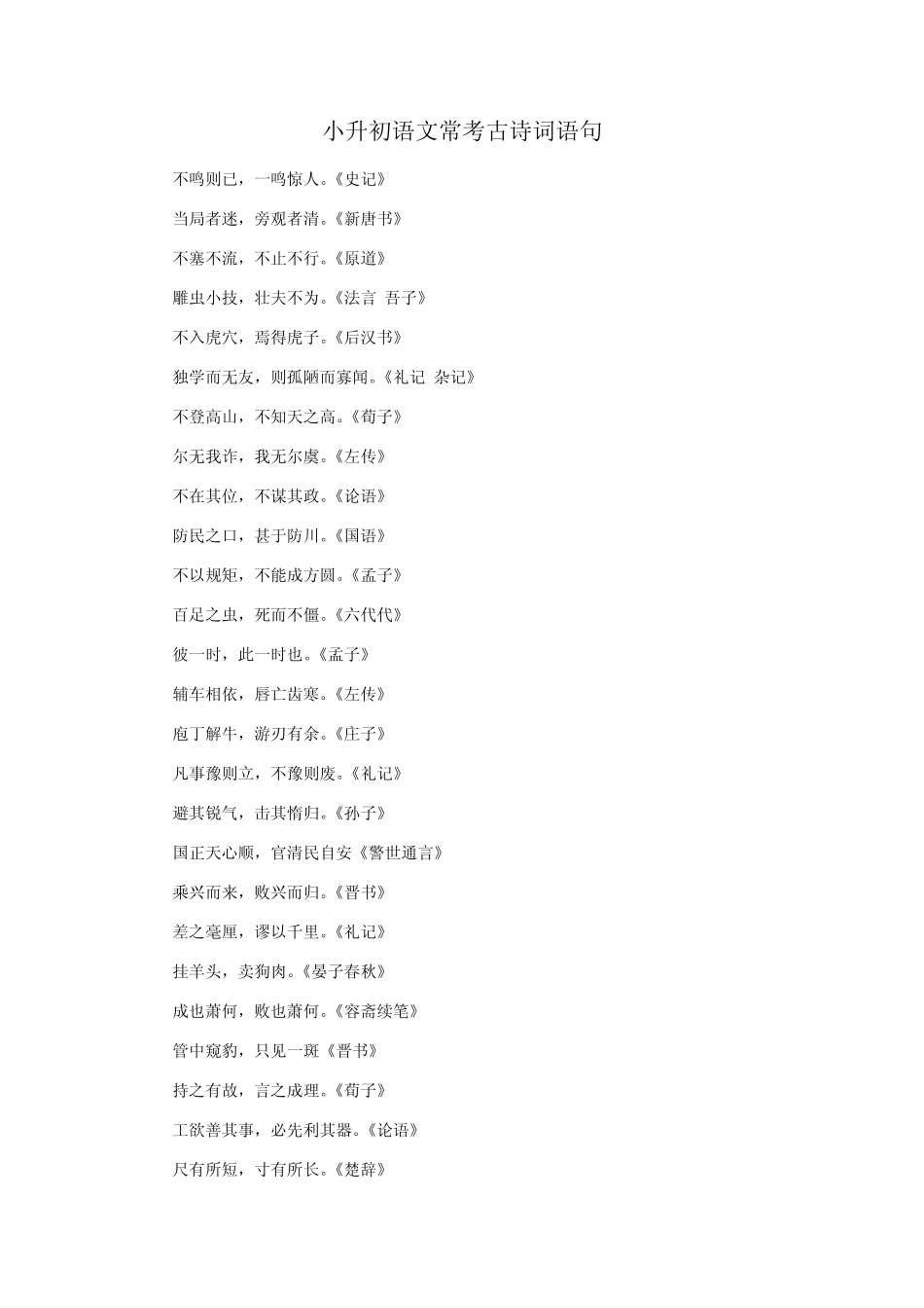 小升初语文常考古诗词语句_第1页