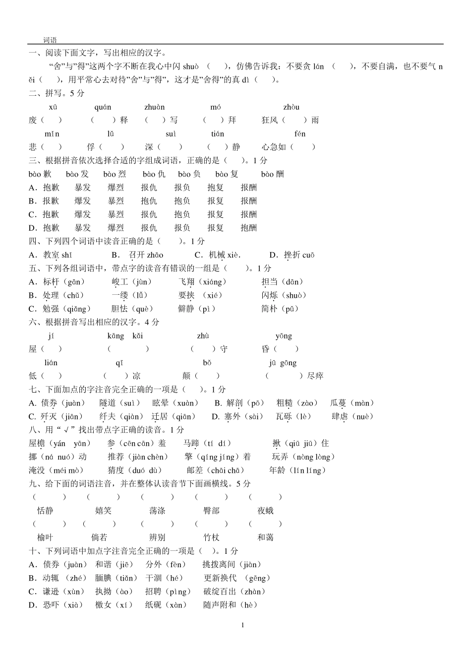 小升初语文练习题基础知识(已排版)_第1页