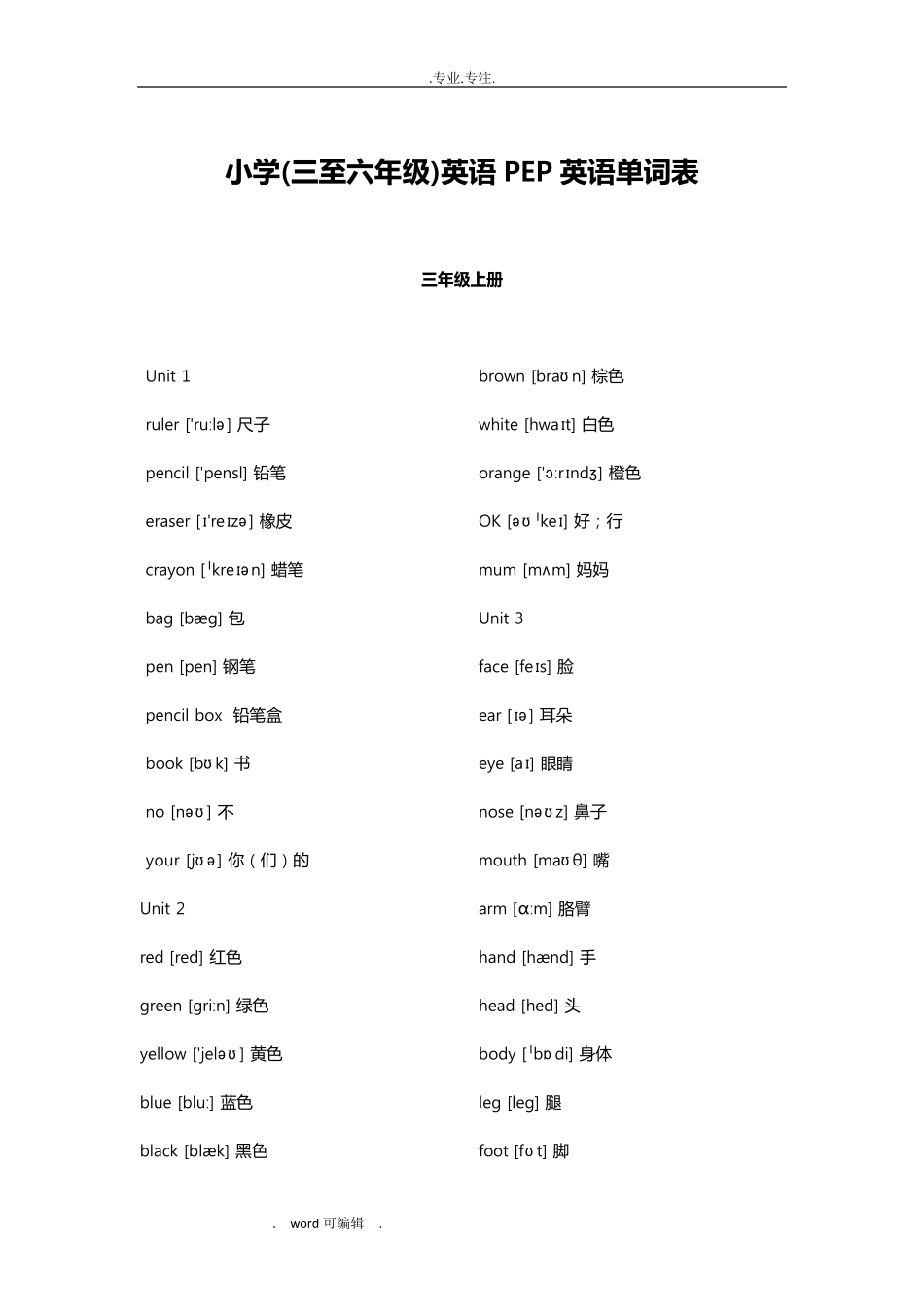 小学(三至六年级)英语PEP英语单词表_第1页