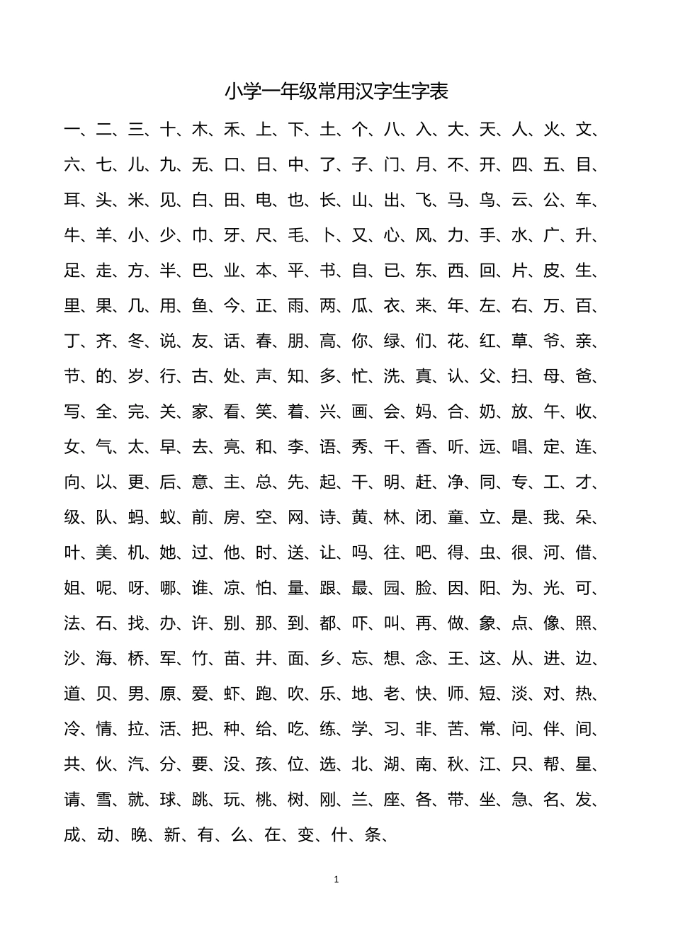 小学16年级常用汉字生字表,A4打印版_第1页