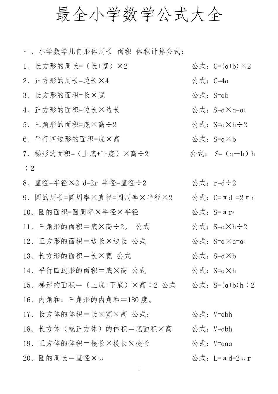 小学16年级数学公式大全_第1页