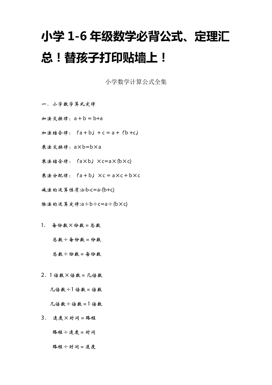 小学16年级数学必背公式、定理汇总!替孩子打印贴墙上!_第1页