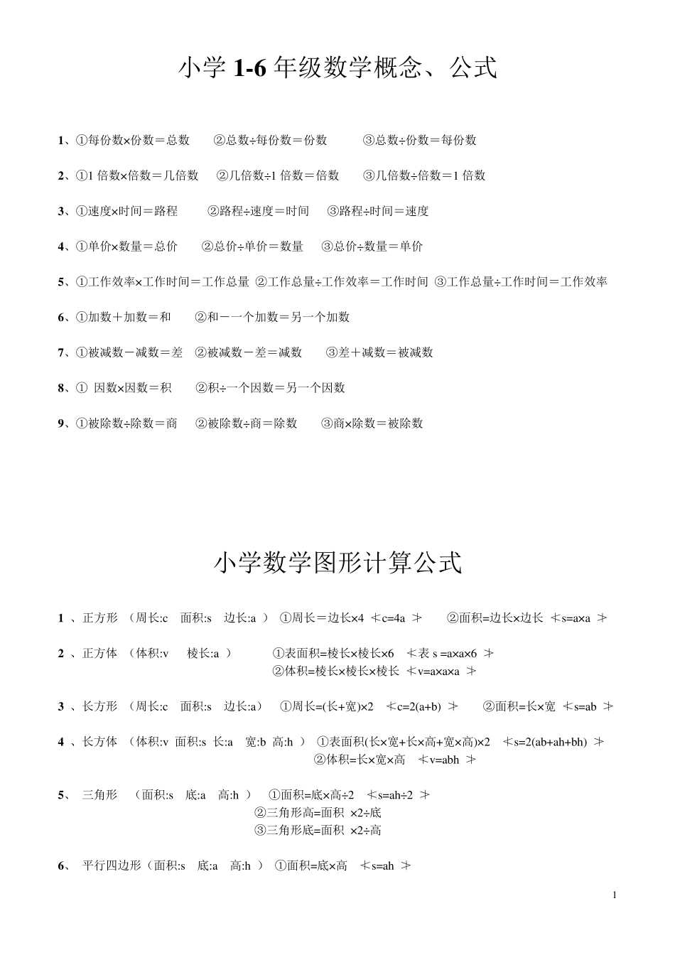 小学16年级数学概念、公式_第1页