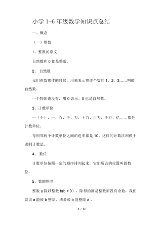 小学16年级数学知识点归纳总结