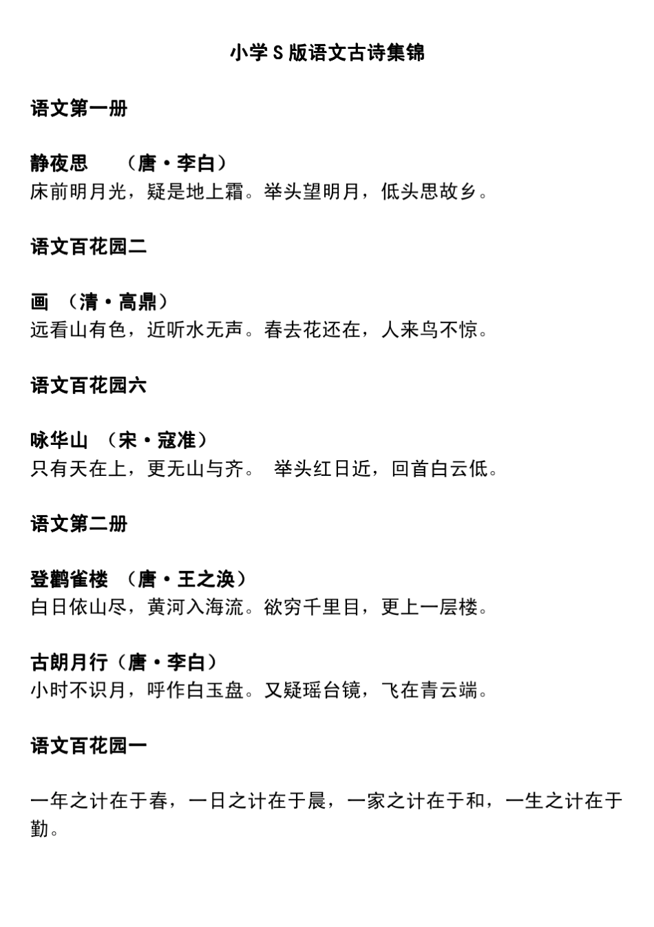 小学S版语文一至六年级全部古诗及语文百花园知识集锦_第1页