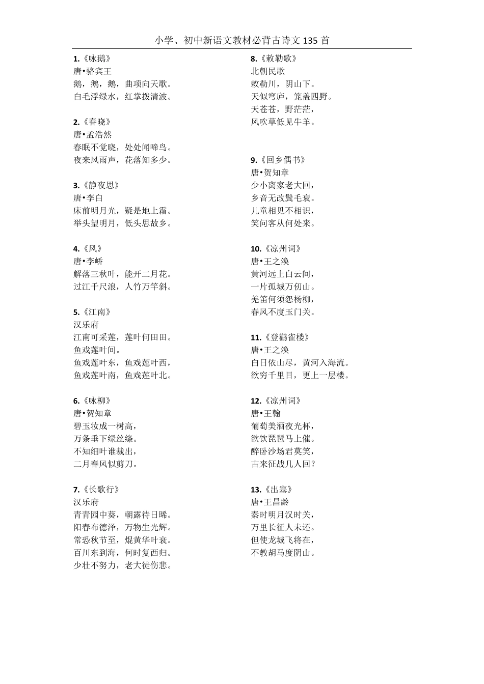 小学、初中新语文教材必背古诗文135首_第1页