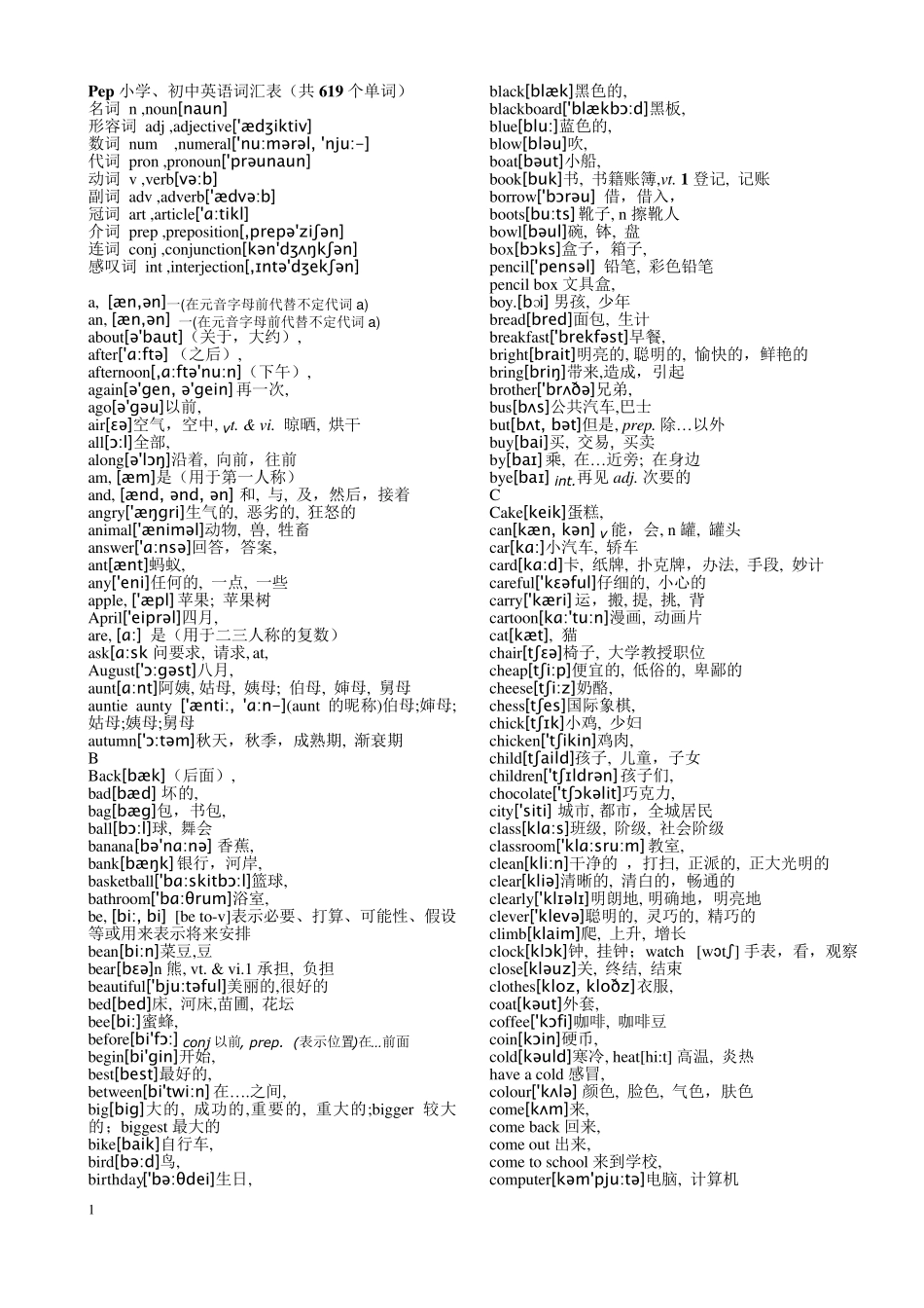 小学、初中英语词汇表(带读音)_第1页