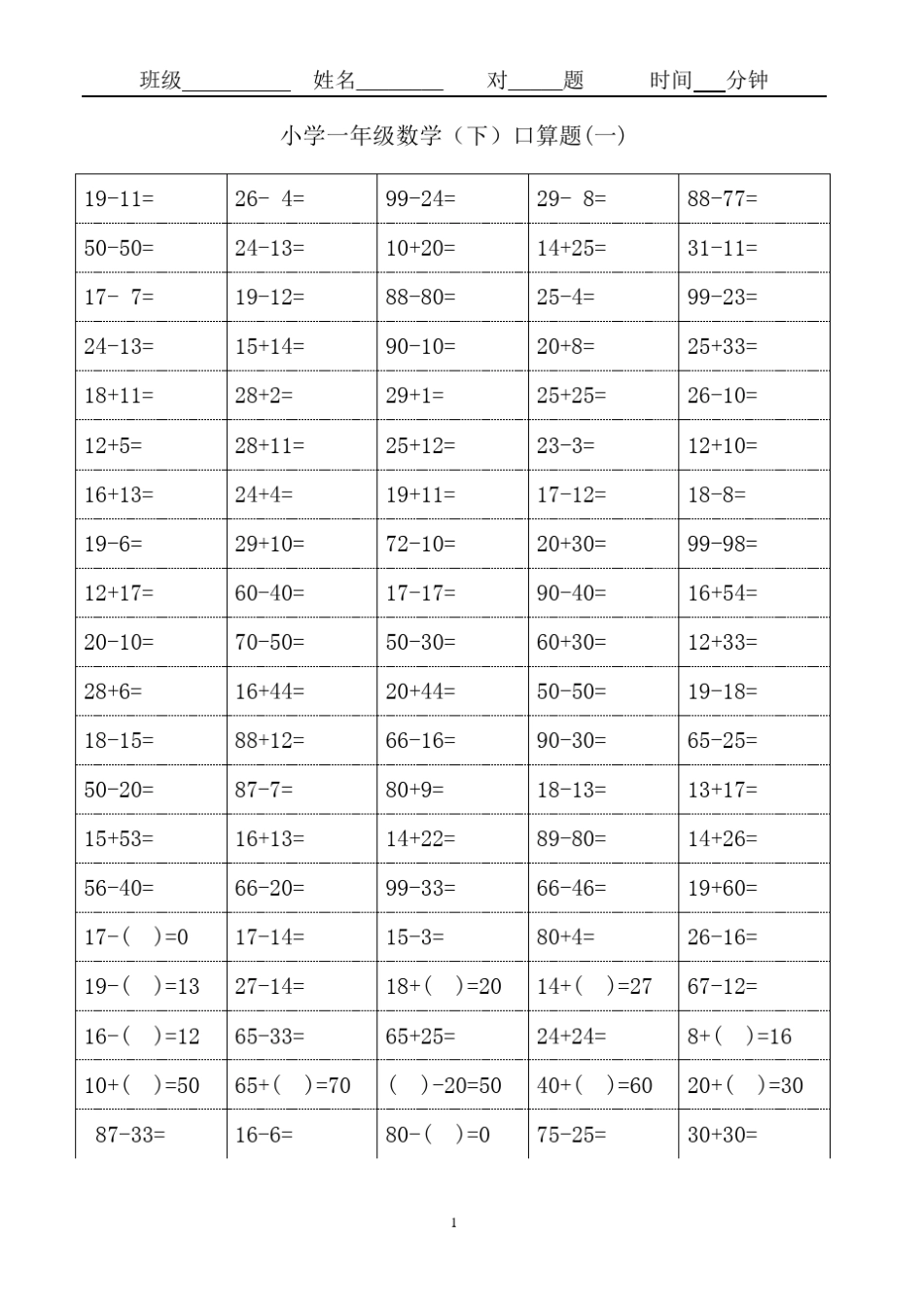 小学一年级(下)数学100以内口算题卡_第1页