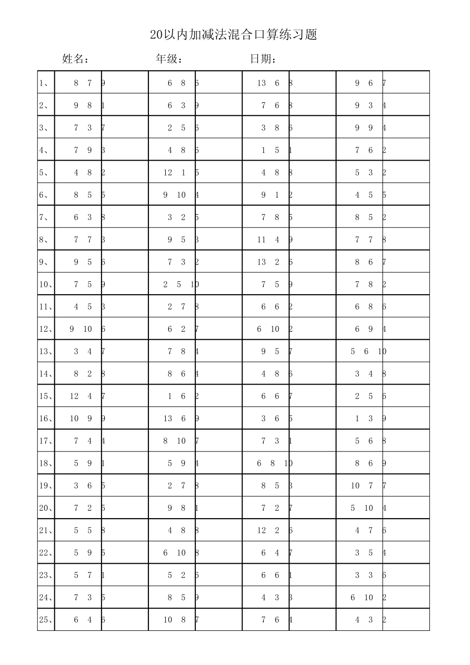 小学一年级20以内加减法混合运算3000题(已排版)_第1页