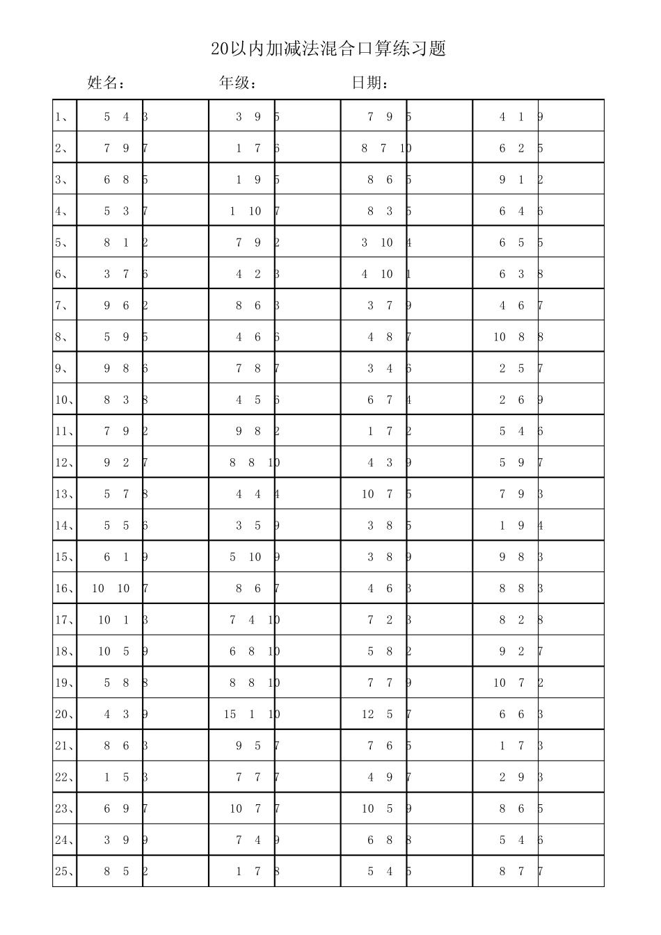 小学一年级20以内加减法混合运算3000题(已排版)_第2页