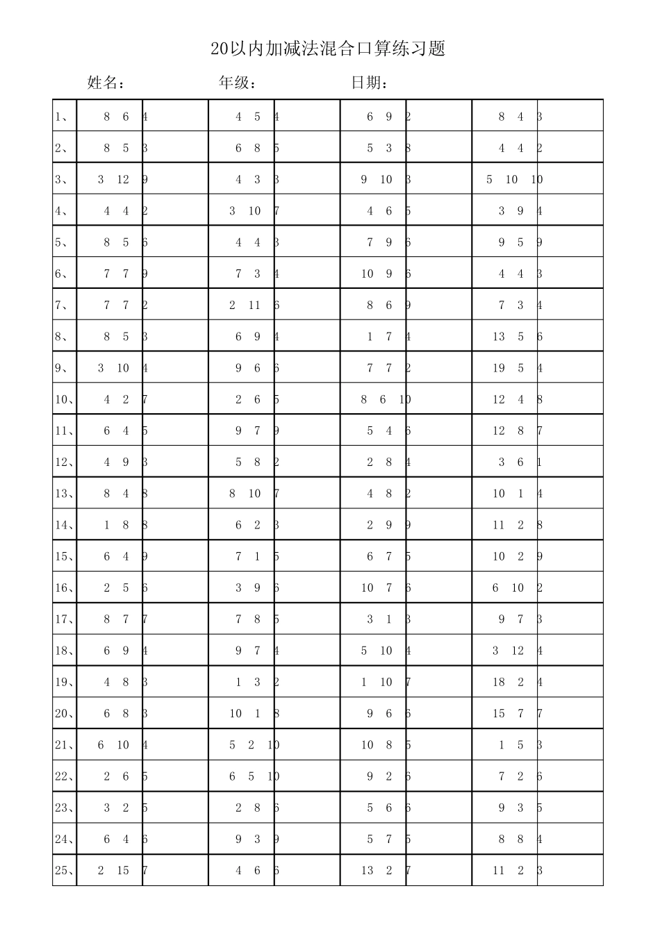 小学一年级20以内加减法混合运算3000题(已排版)_第3页